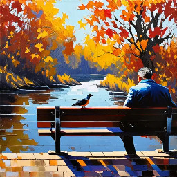 Acrylic painting man sitting on a bench near a river and few birds on a railing during fall, with some fall leaves