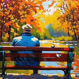 Acrylic painting man sitting on a bench near a river and few birds on a railing during fall, with some fall leaves