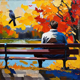 Acrylic painting man sitting on a bench near a river and few birds on a railing during fall, with some fall leaves