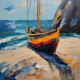 je veux un modele de peinture représentant une peinture impressioniste, un grand voilier ancien dans une mer agitée, il y a aussi une falaise, une plage. le voilier semble moilier pas loin de la plage