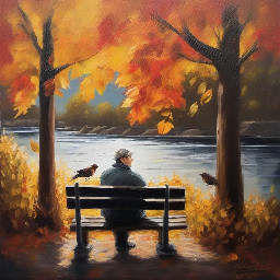 Acrylic painting man sitting on a bench near a river and few birds on a railing during fall, with some fall leaves