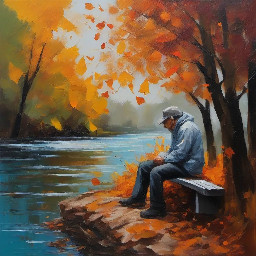 Acrylic painting man sitting on a bench near a river and few birds on a railing during fall, with some fall leaves