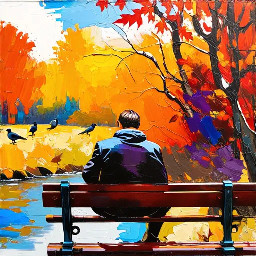 Acrylic painting man sitting on a bench near a river and few birds on a railing during fall, with some fall leaves